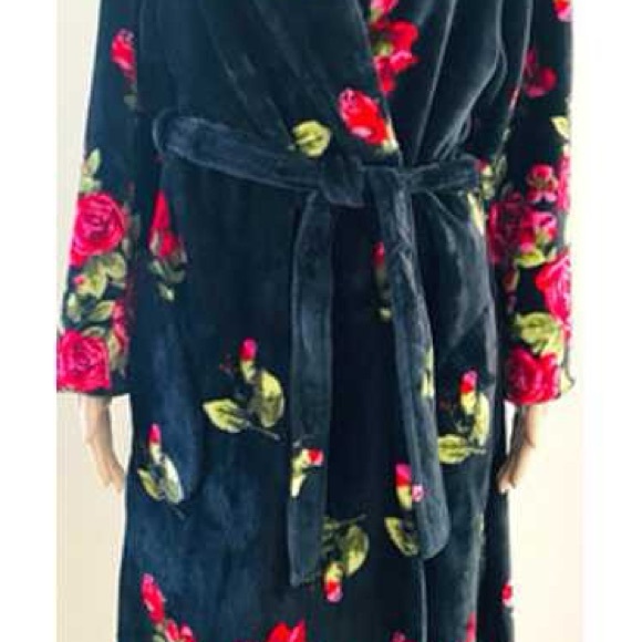 Vintage Noire Jasmine Rose Plush Floral Black Women's Robe M - Picture 6 of 7